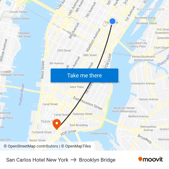 San Carlos Hotel New York to Brooklyn Bridge map