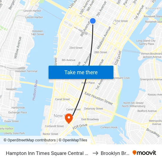 Hampton Inn Times Square Central New York to Brooklyn Bridge map