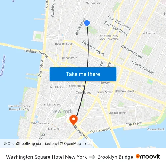Washington Square Hotel New York to Brooklyn Bridge map