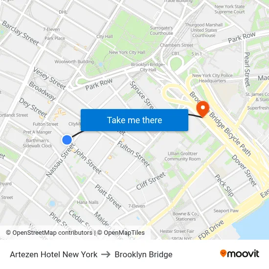Artezen Hotel New York to Brooklyn Bridge map
