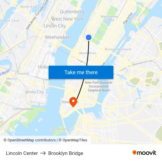 Lincoln Center to Brooklyn Bridge map