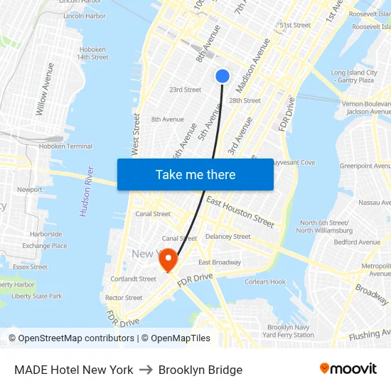 MADE Hotel New York to Brooklyn Bridge map