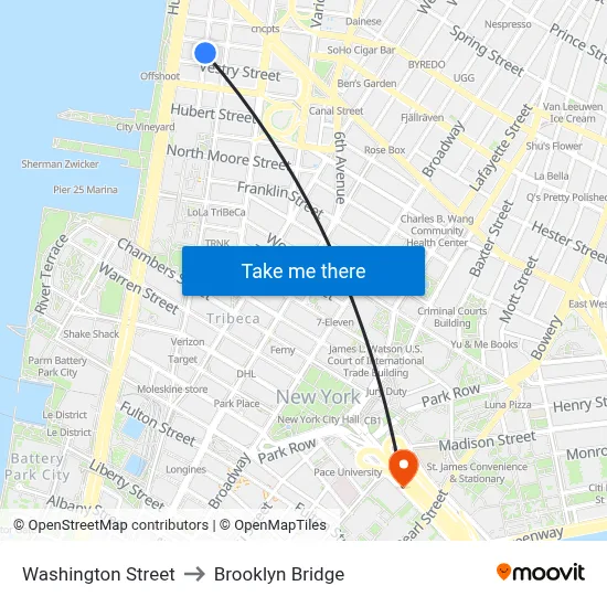 Washington Street to Brooklyn Bridge map