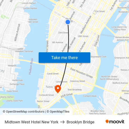 Midtown West Hotel New York to Brooklyn Bridge map