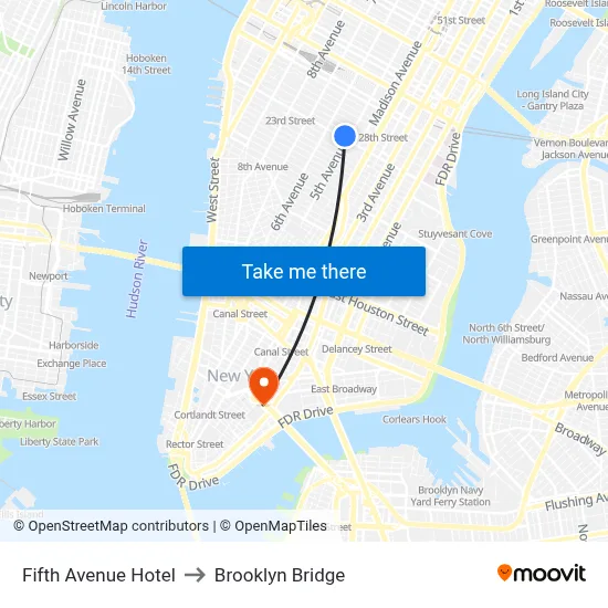 Fifth Avenue Hotel to Brooklyn Bridge map