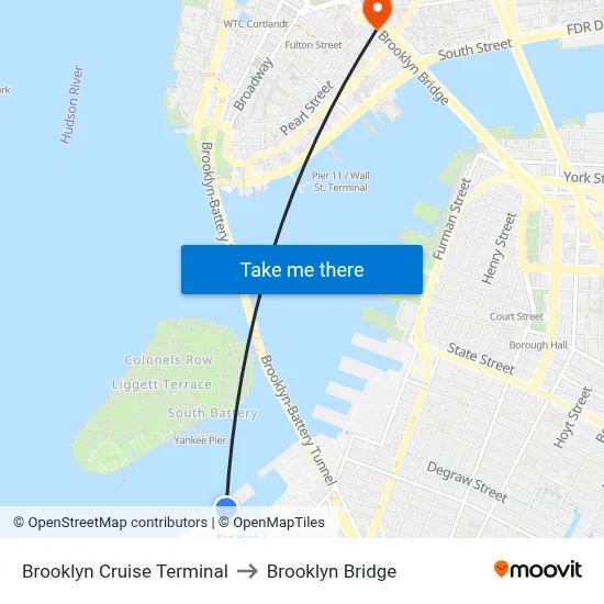 Brooklyn Cruise Terminal to Brooklyn Bridge map