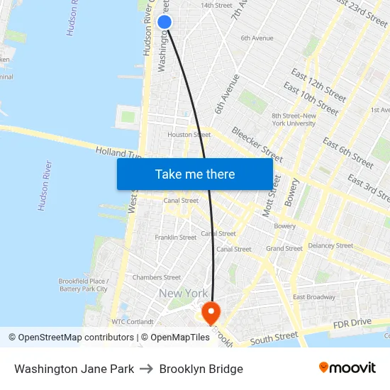 Washington Jane Park to Brooklyn Bridge map