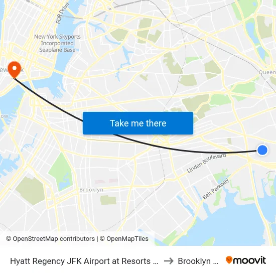 Hyatt Regency JFK Airport at Resorts World New York to Brooklyn Bridge map