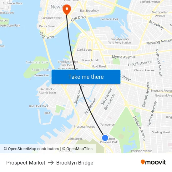 Prospect Market to Brooklyn Bridge map