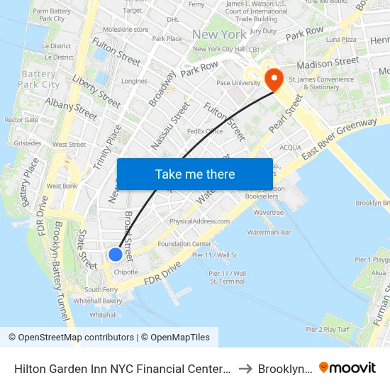 Hilton Garden Inn NYC Financial Center/Manhattan Downtown to Brooklyn Bridge map