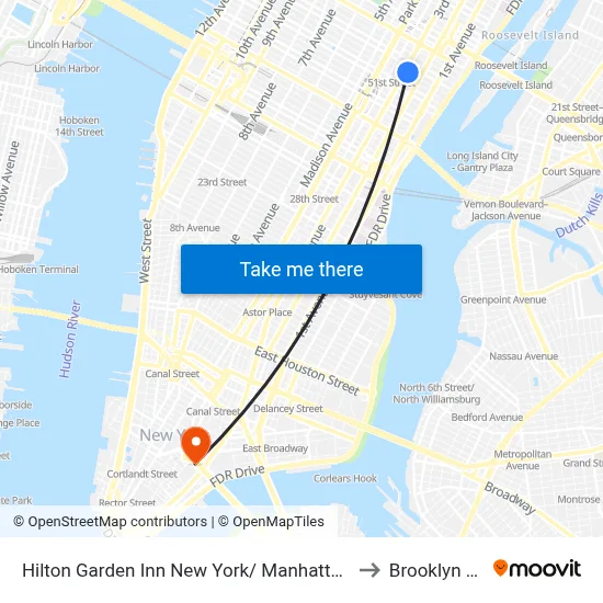 Hilton Garden Inn New York/ Manhattan Midtown East to Brooklyn Bridge map