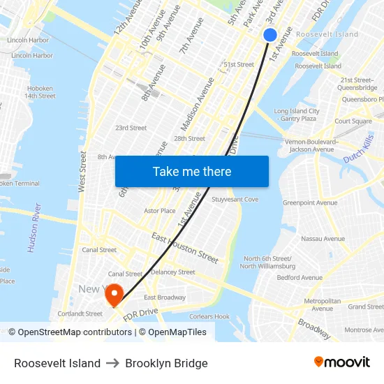 Roosevelt Island to Brooklyn Bridge map