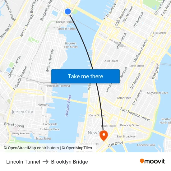Lincoln Tunnel to Brooklyn Bridge map