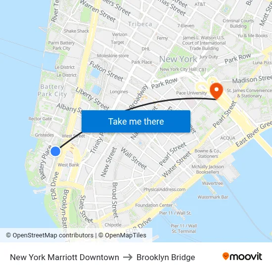 New York Marriott Downtown to Brooklyn Bridge map