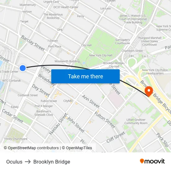 Oculus to Brooklyn Bridge map