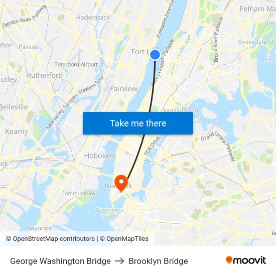 George Washington Bridge to Brooklyn Bridge map