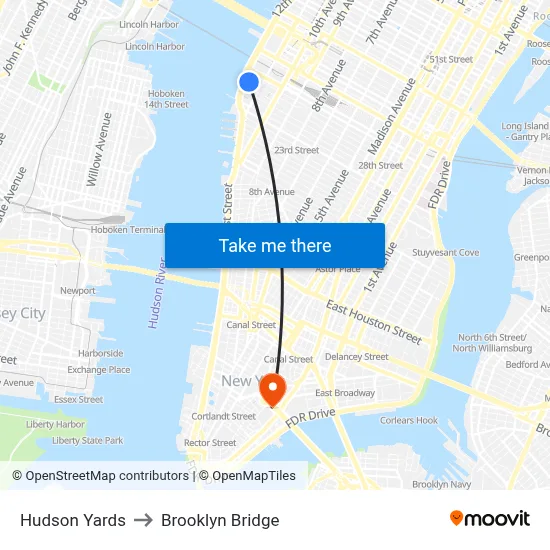Hudson Yards to Brooklyn Bridge map