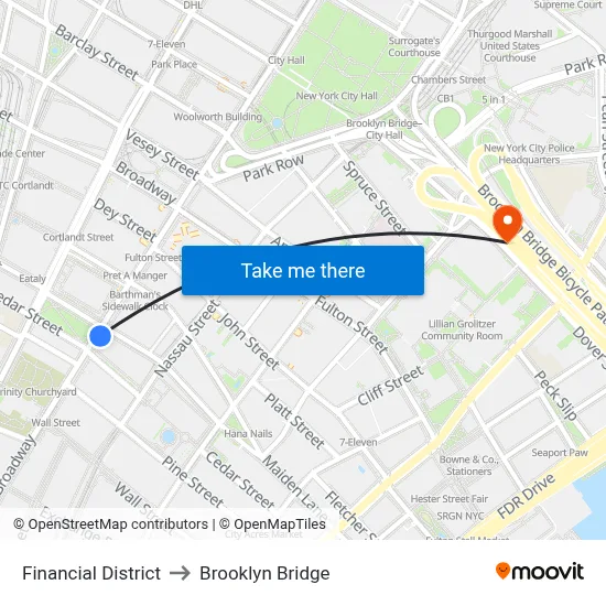 Financial District to Brooklyn Bridge map