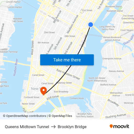 Queens Midtown Tunnel to Brooklyn Bridge map