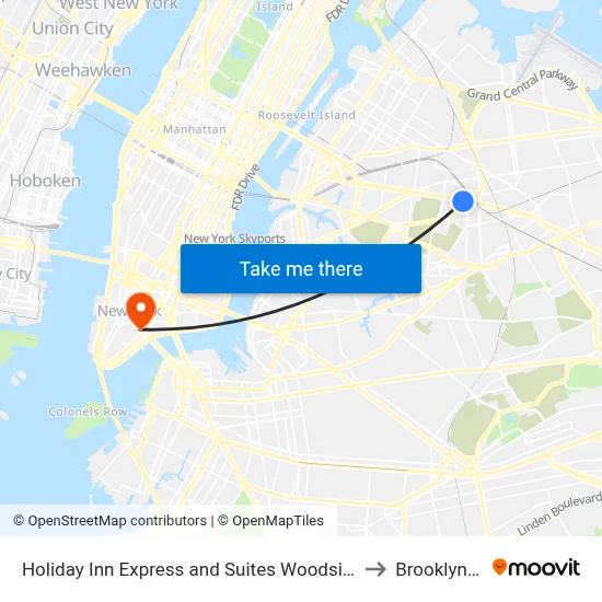 Holiday Inn Express and Suites Woodside LaGuardia Airport to Brooklyn Bridge map