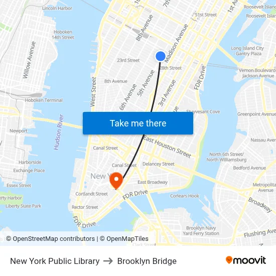 New York Public Library to Brooklyn Bridge map