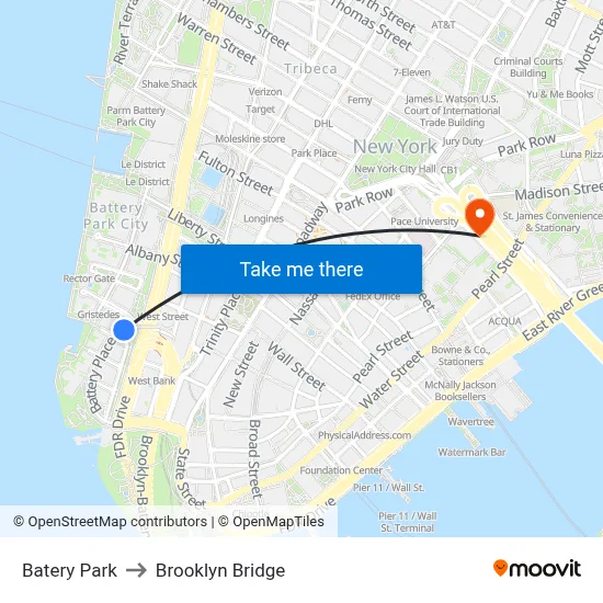 Batery Park to Brooklyn Bridge map