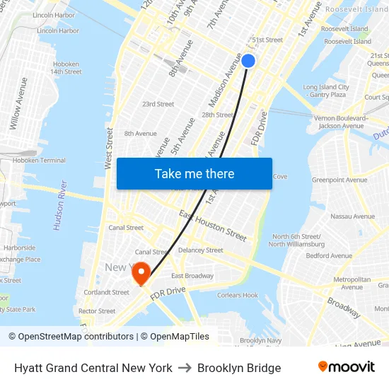 Hyatt Grand Central New York to Brooklyn Bridge map