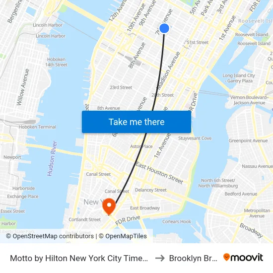 Motto by Hilton New York City Times Square to Brooklyn Bridge map