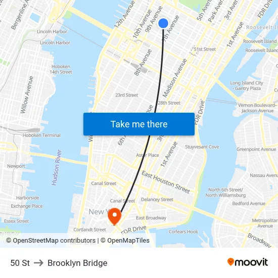 50 St to Brooklyn Bridge map