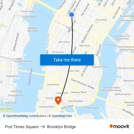 Pod Times Square to Brooklyn Bridge map