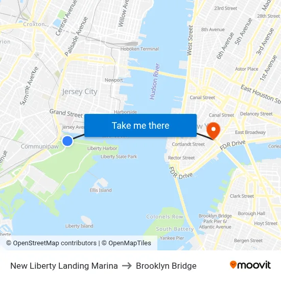 New Liberty Landing Marina to Brooklyn Bridge map