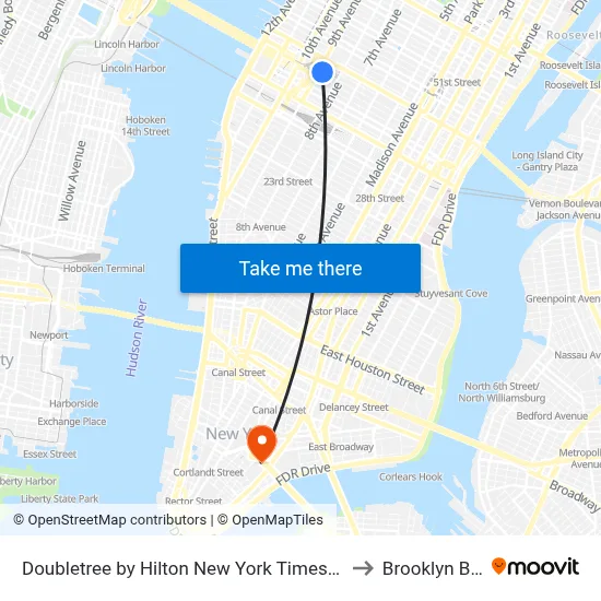 Doubletree by Hilton New York Times Square West to Brooklyn Bridge map
