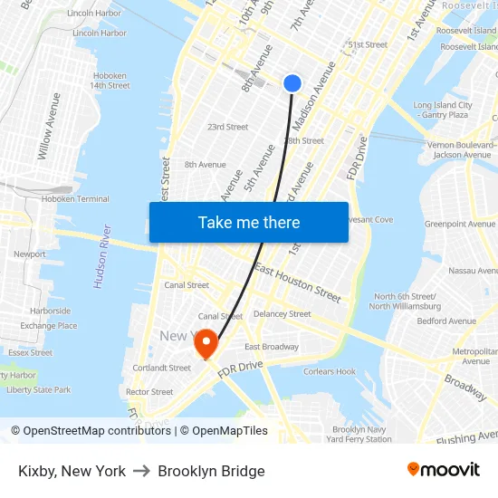 Kixby, New York to Brooklyn Bridge map