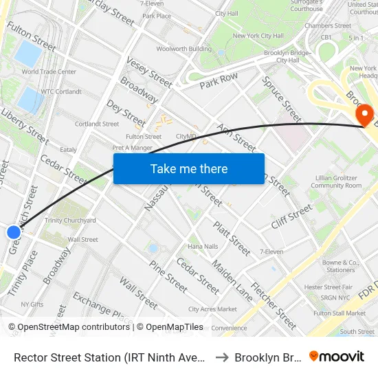 Rector Street Station (IRT Ninth Avenue Line) to Brooklyn Bridge map