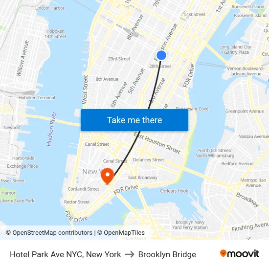 Hotel Park Ave NYC, New York to Brooklyn Bridge map