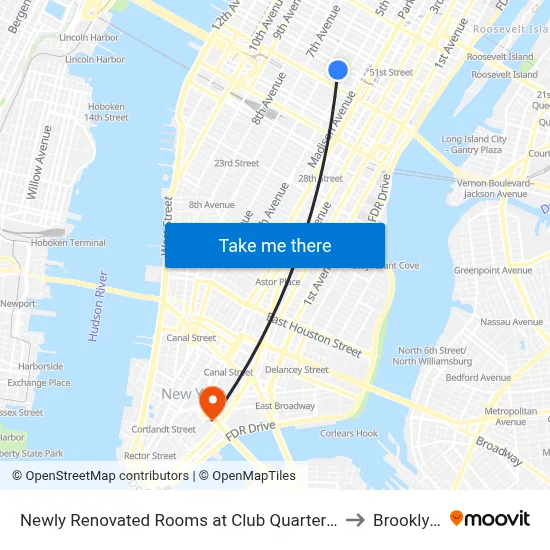 Newly Renovated Rooms at Club Quarters Hotel Times Square, New York to Brooklyn Bridge map