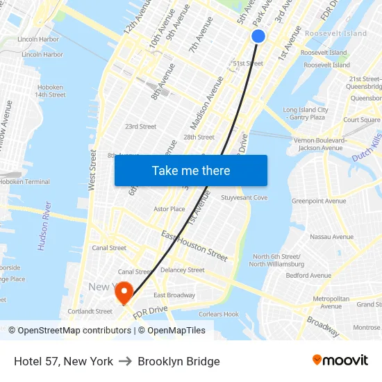 Hotel 57, New York to Brooklyn Bridge map