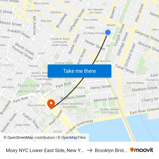 Moxy NYC Lower East Side, New York to Brooklyn Bridge map