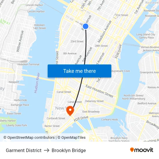 Garment District to Brooklyn Bridge map