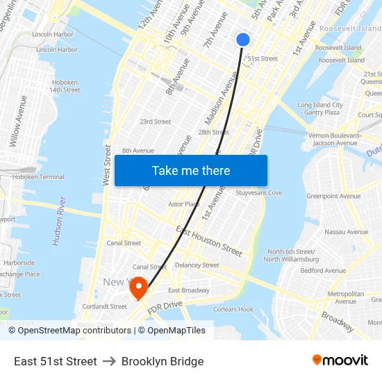 East 51st Street to Brooklyn Bridge map
