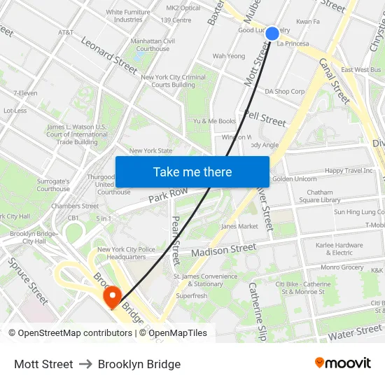 Mott Street to Brooklyn Bridge map