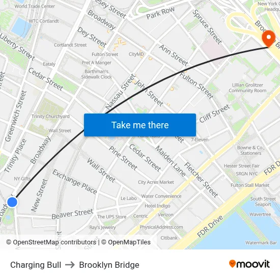 Charging Bull to Brooklyn Bridge map
