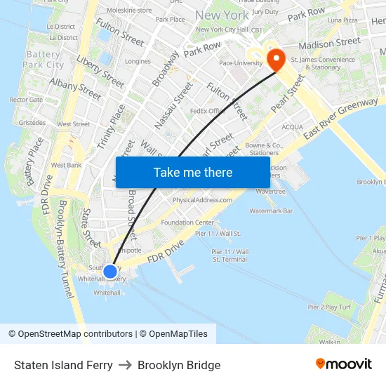 Staten Island Ferry to Brooklyn Bridge map