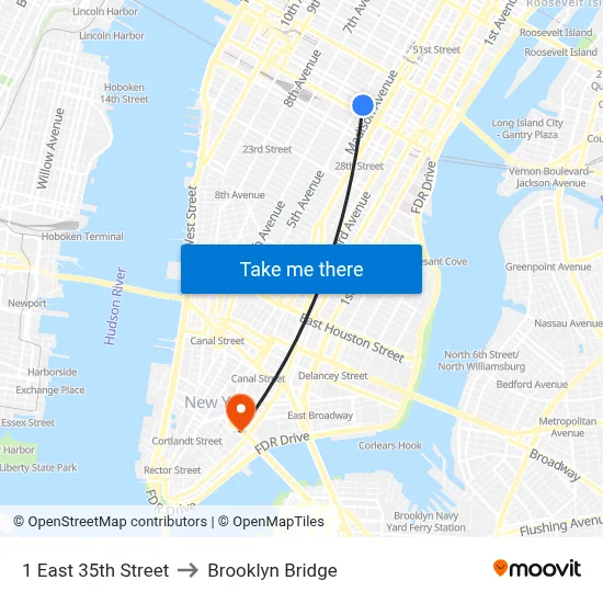 1 East 35th Street to Brooklyn Bridge map