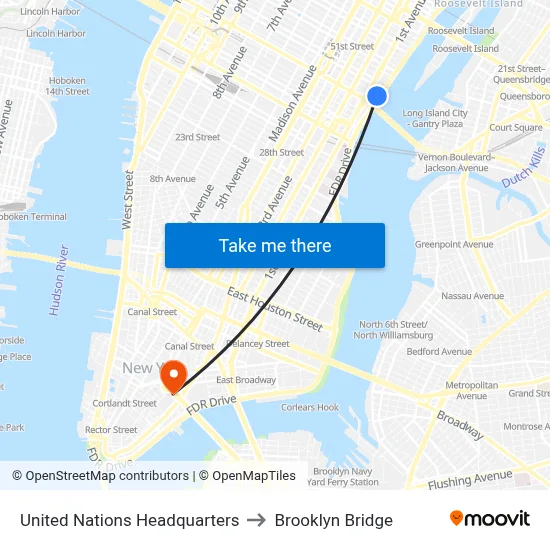 United Nations Headquarters to Brooklyn Bridge map