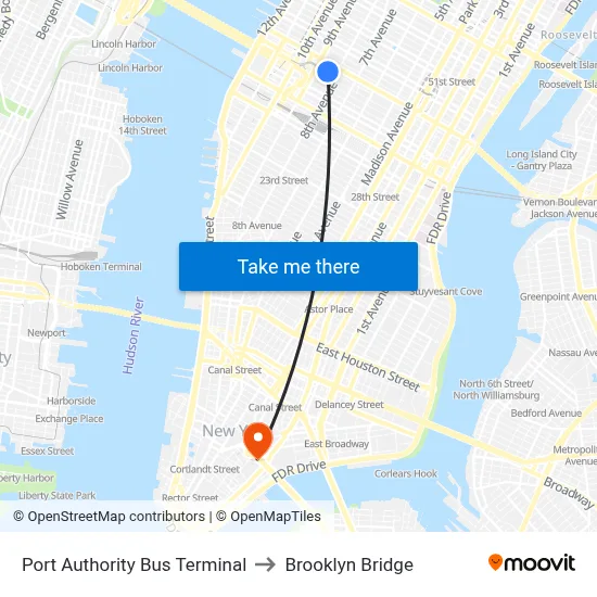 Port Authority Bus Terminal to Brooklyn Bridge map