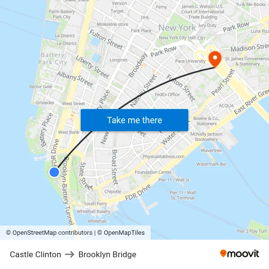 Castle Clinton to Brooklyn Bridge map
