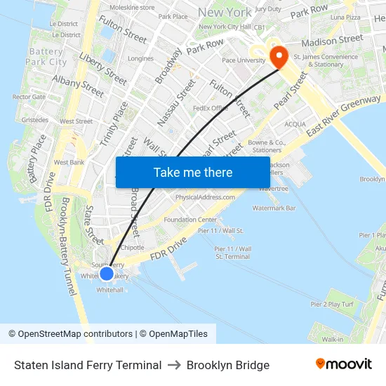 Staten Island Ferry Terminal to Brooklyn Bridge map