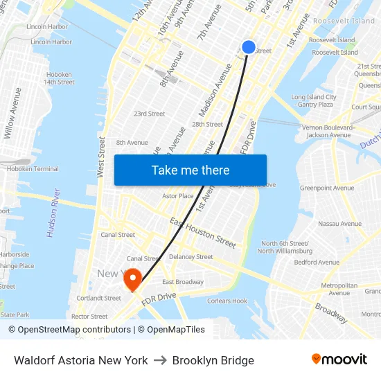 Waldorf Astoria New York to Brooklyn Bridge map