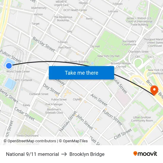 National 9/11 memorial to Brooklyn Bridge map